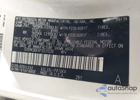 2015 Toyota Sienna Xle Premium 8 Passenger z USA, uszkodzony, nr VIN 5TDYK3DC4FS531226